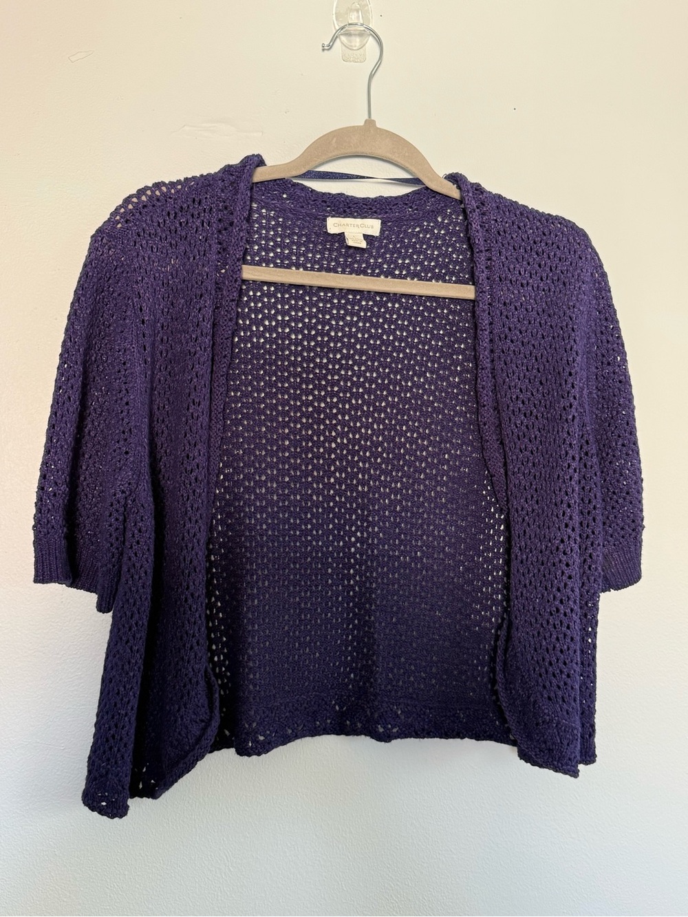 Charter Club Open-Knit Short Sleeve Cardigan - Purple